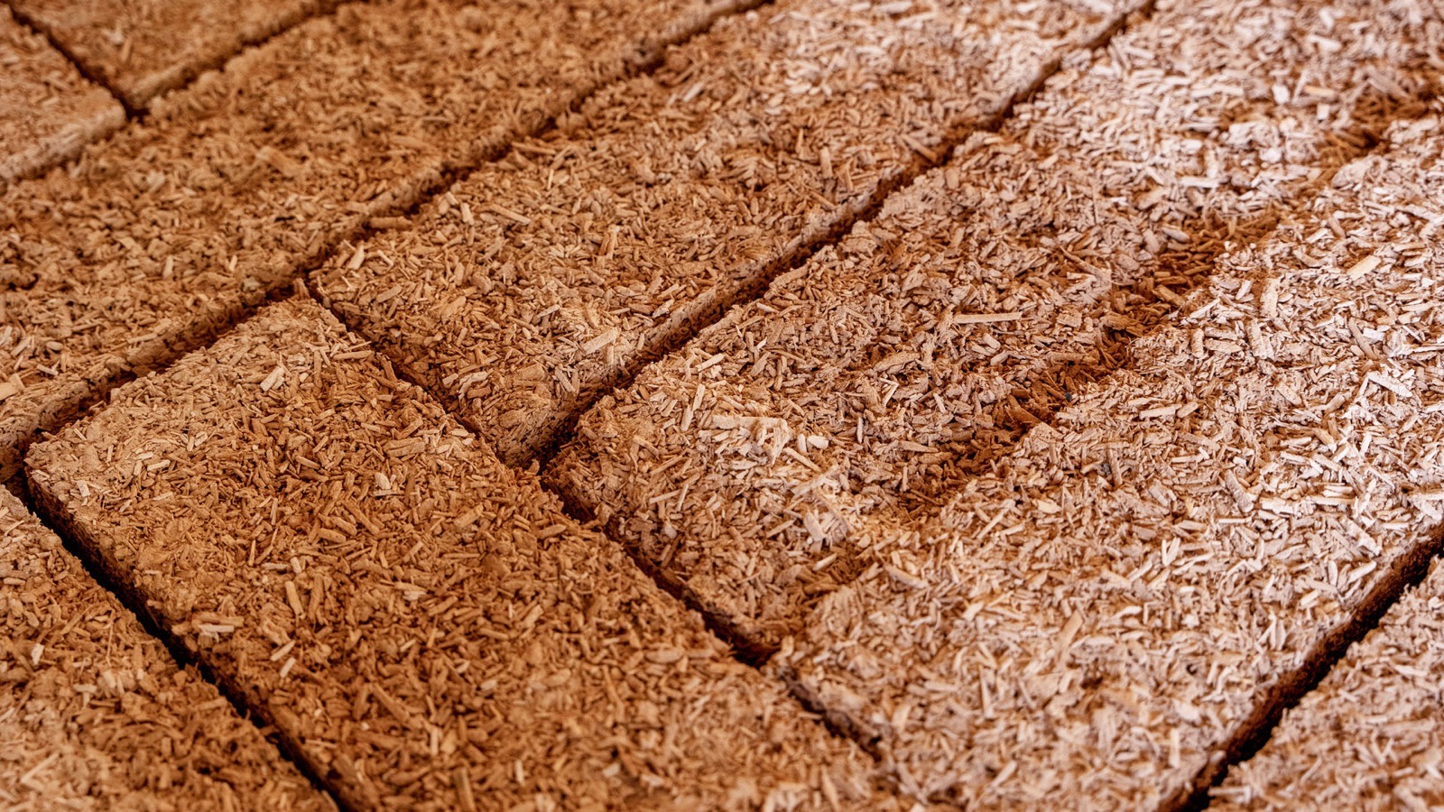Hemp-lime blocks laid edge to edge, the pressed hemp-hurd texture in warm ochre